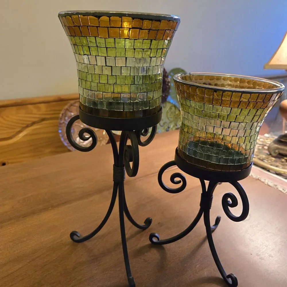 Set Of 2 Partylite Amber Green Mosaic Glass & Iron Global Fusion Candle Holders - Picture 2 of 8